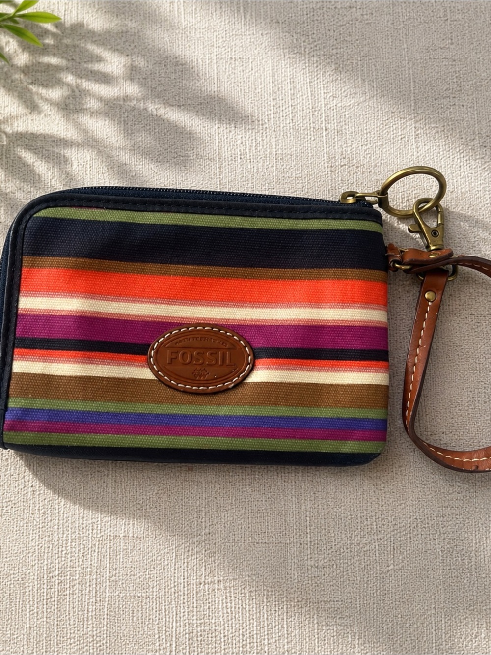 Fossil Multicolor Striped Wristlet with Brown Leather Strap